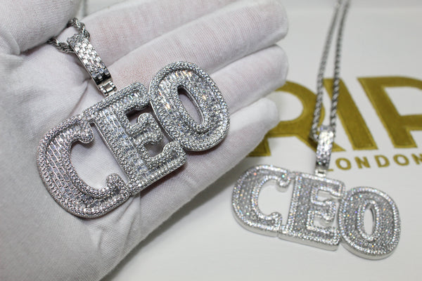 CEO Pendant Necklace - Cubic Zirconia - Silver - Rope Chain