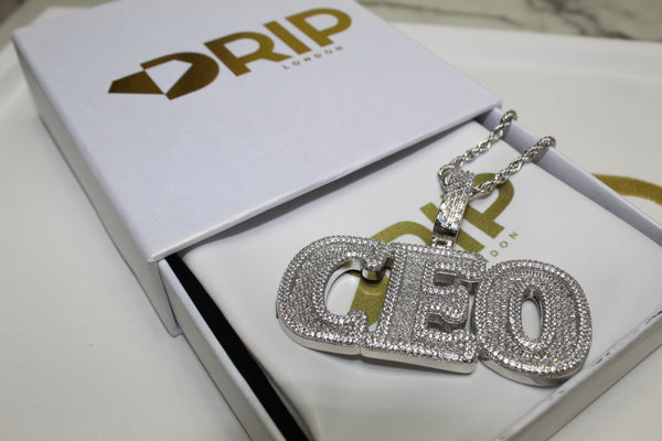 CEO Pendant Necklace - Cubic Zirconia - Silver - Rope Chain