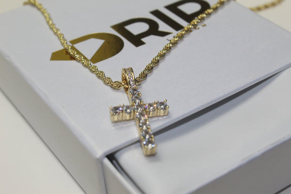 Gold Cross Necklace - Cubic Zirconia - Pendant - Rope Chain