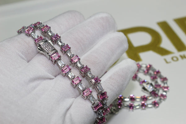 Pink Emerald Tennis Chain - Cubic Zirconia - Silver - Various Lengths