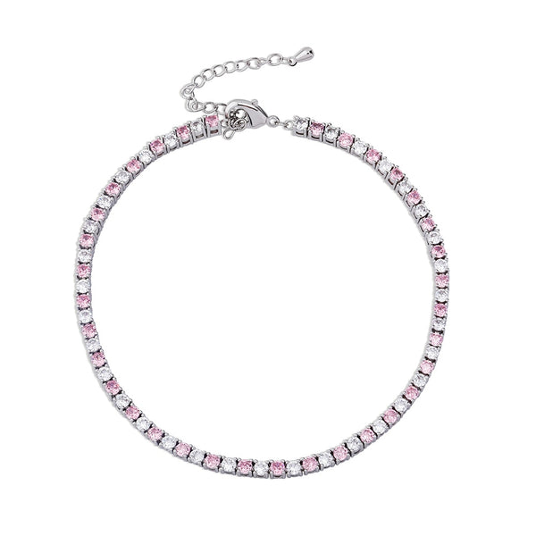 Tennis 3mm Encrusted Anklet - Silver & Pink