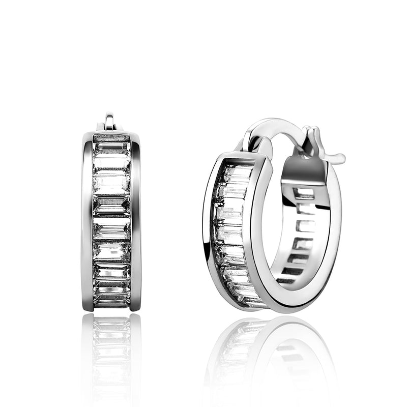 Mini Hoop Baguette Earrings - Silver