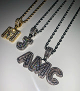 Custom Baguette Micro Letter Pendants - (1-8 Letter) - CZ Set - Silver or Gold - Matching Rope Chain