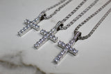 Silver Cross Necklace - Cubic Zirconia - Pendant - Rope Chain