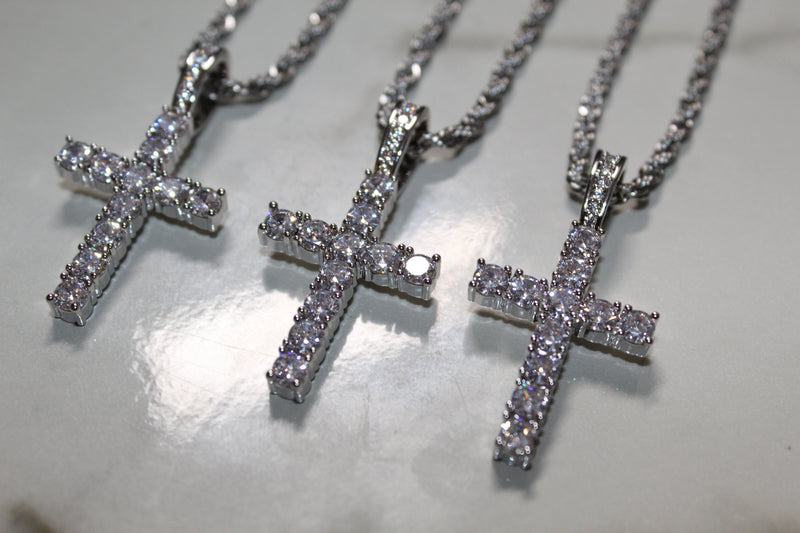 Silver Cross Necklace - Cubic Zirconia - Pendant - Rope Chain