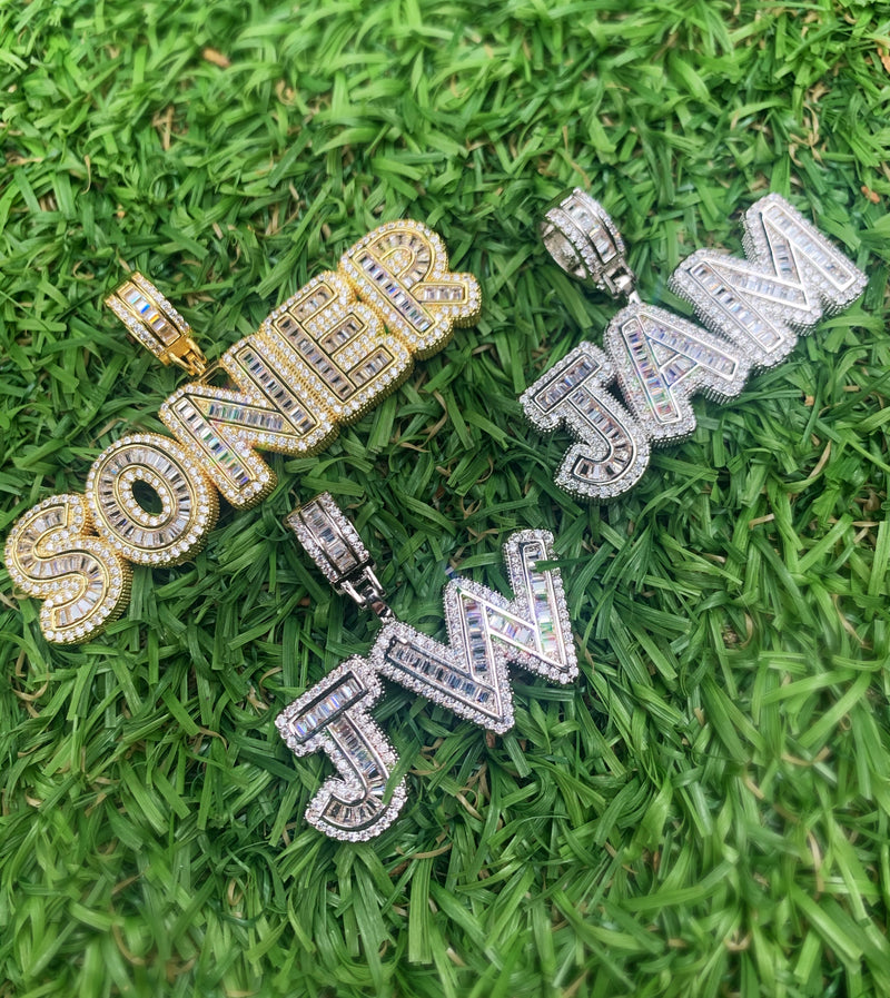 Custom Baguette Micro Letter Pendants - (1-8 Letter) - CZ Set - Silver or Gold - Matching Rope Chain