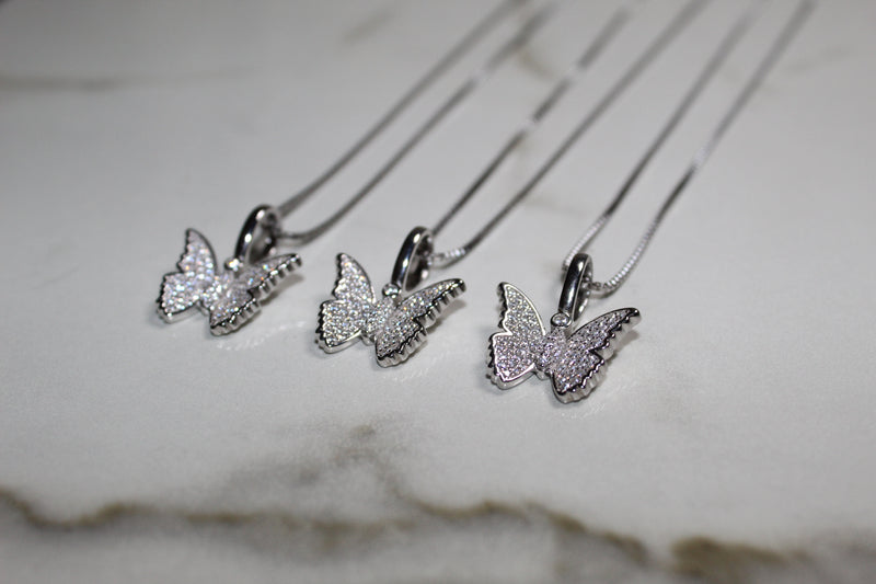 Butterfly Micro 925 Necklace - Cubic Zirconia - Pendant - Silver Or Gold - Rope Chain