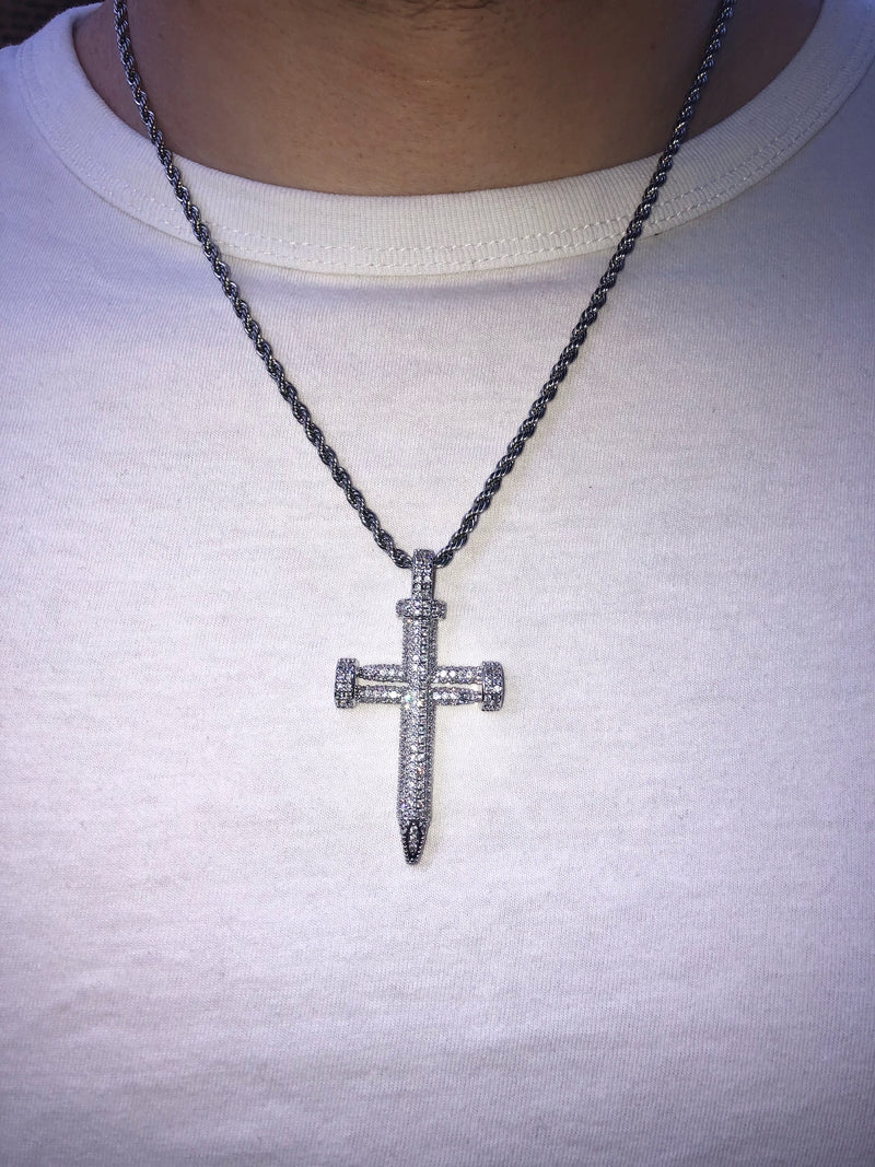 Bolt Cross Necklace - Cubic Zirconia - Pendant - Rope Chain