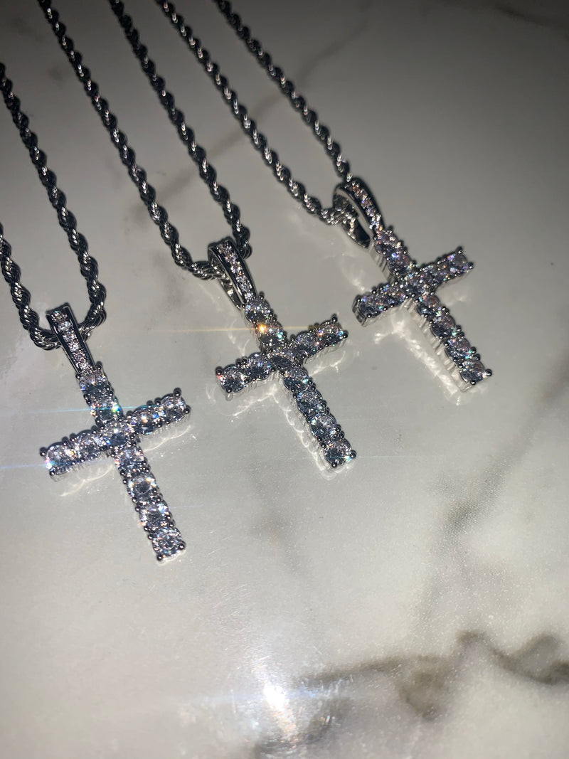 Silver Cross Necklace - Cubic Zirconia - Pendant - Rope Chain