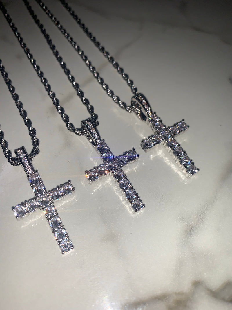 Silver Cross Necklace - Cubic Zirconia - Pendant - Rope Chain