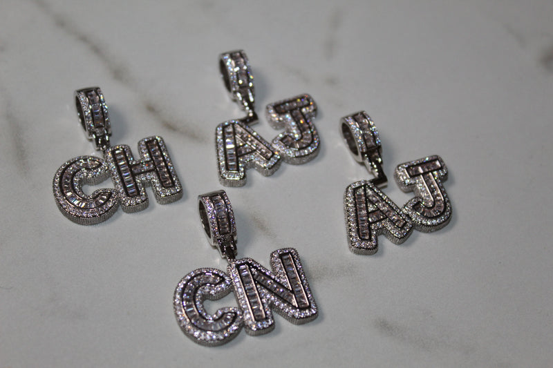 Custom Baguette Micro Letter Pendants - (1-8 Letter) - CZ Set - Silver or Gold - Matching Rope Chain