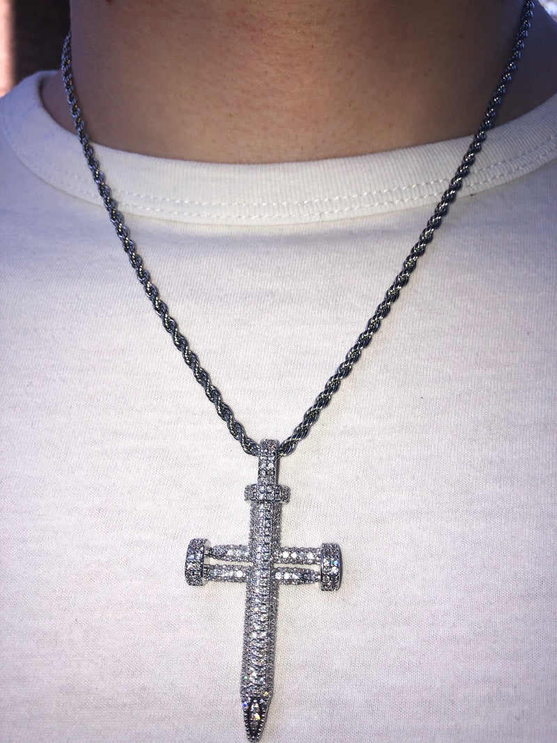 Bolt Cross Necklace - Cubic Zirconia - Pendant - Rope Chain