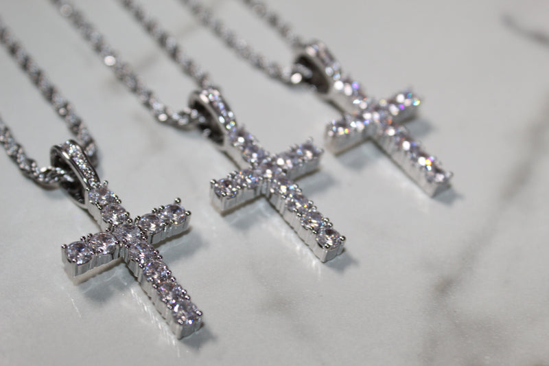 Silver Cross Necklace - Cubic Zirconia - Pendant - Rope Chain