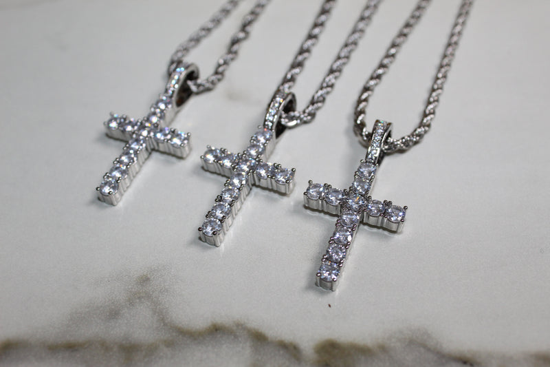 Silver Cross Necklace - Cubic Zirconia - Pendant - Rope Chain