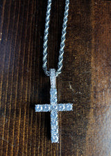 Silver Cross Necklace - Cubic Zirconia - Pendant - Rope Chain