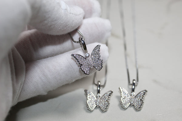 Butterfly Micro 925 Necklace - Cubic Zirconia - Pendant - Silver Or Gold - Rope Chain