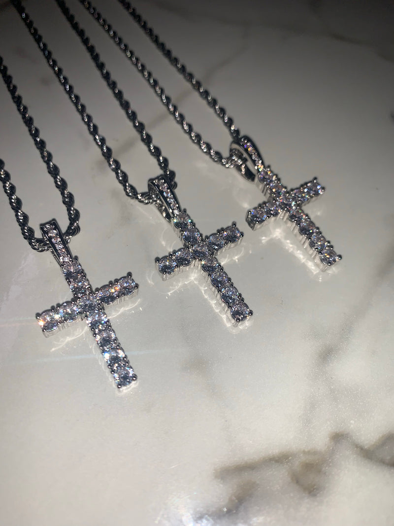 Silver Cross Necklace - Cubic Zirconia - Pendant - Rope Chain